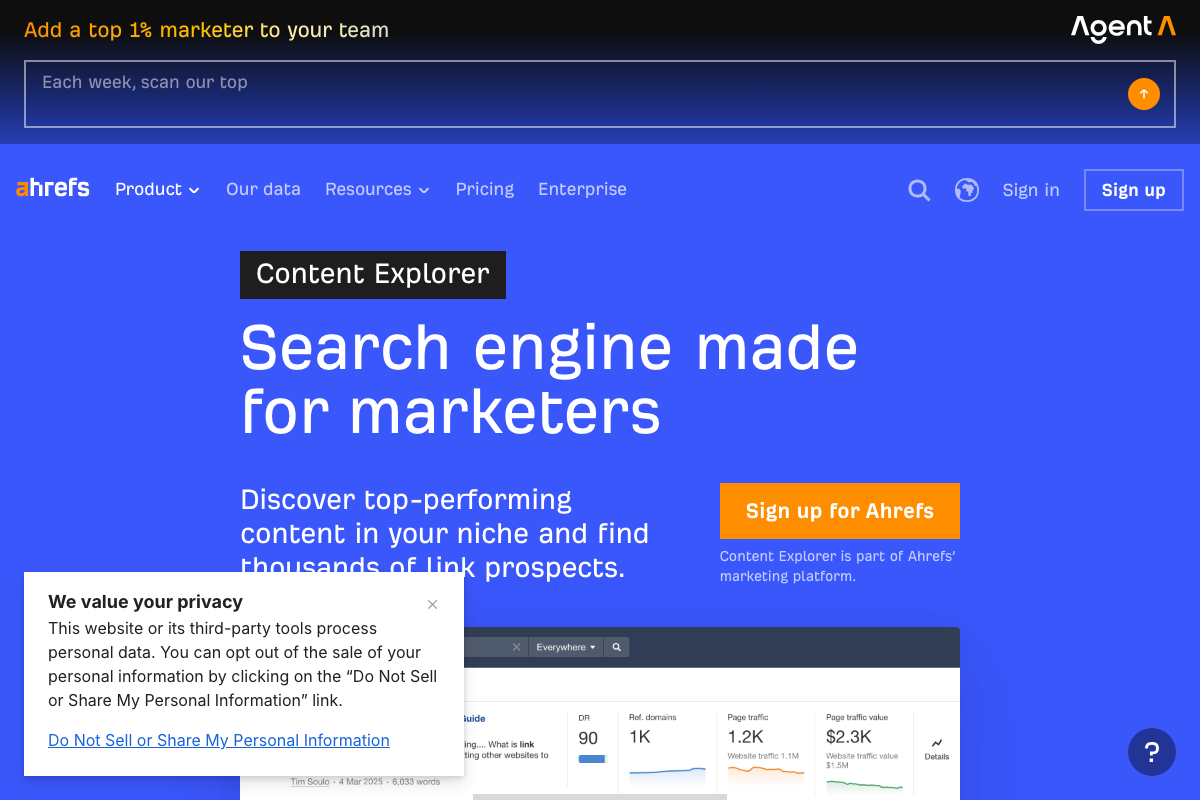 Ahrefs Content Explorer product page (ahrefs.com/content-explorer) showing the results interface with DR, Ref. domains, Page traffic, and Page traffic value columns.