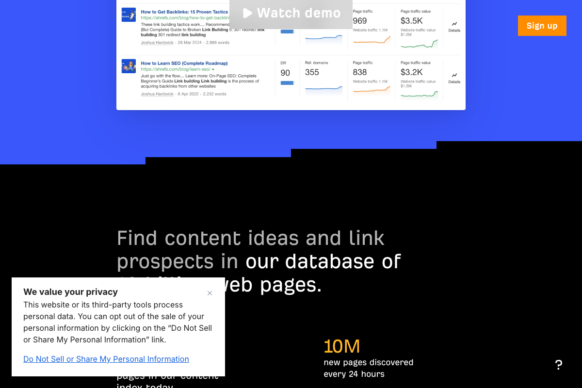 Content Explorer result rows showing DR, Ref. domains, Page traffic, and Page traffic value columns, confirming referring-domain filtering as a native feature