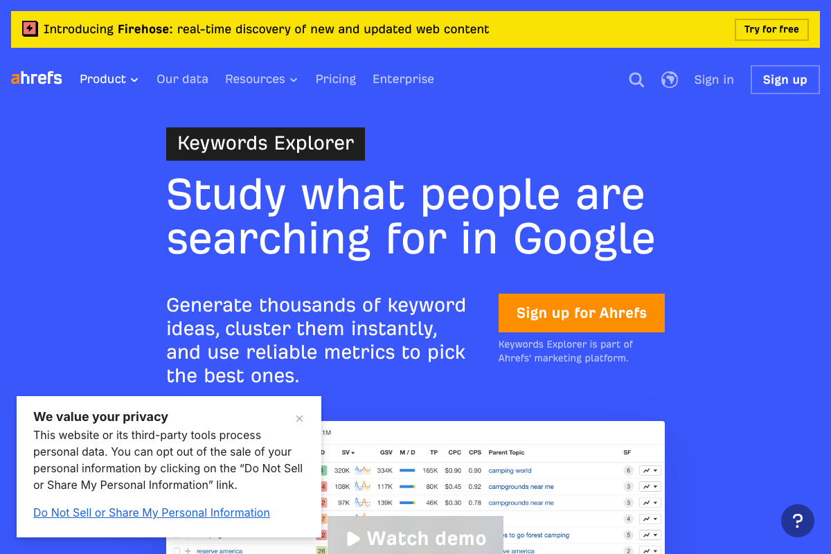 Keywords Explorer product page confirming availability of keyword idea generation and filtering at scale