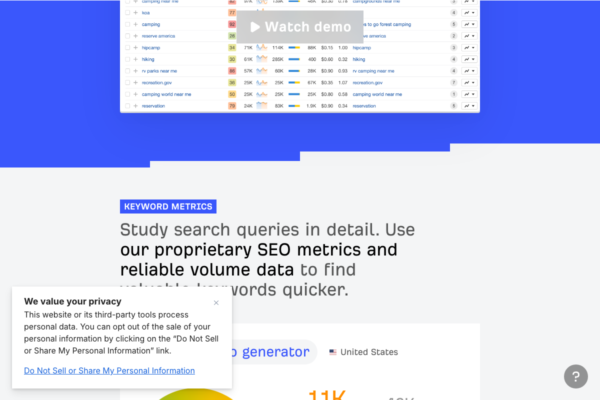 Ahrefs Keywords Explorer data table with KEYWORD METRICS callout showing KD, Search Volume, TP, CPC, and SERP Features (SF) columns.