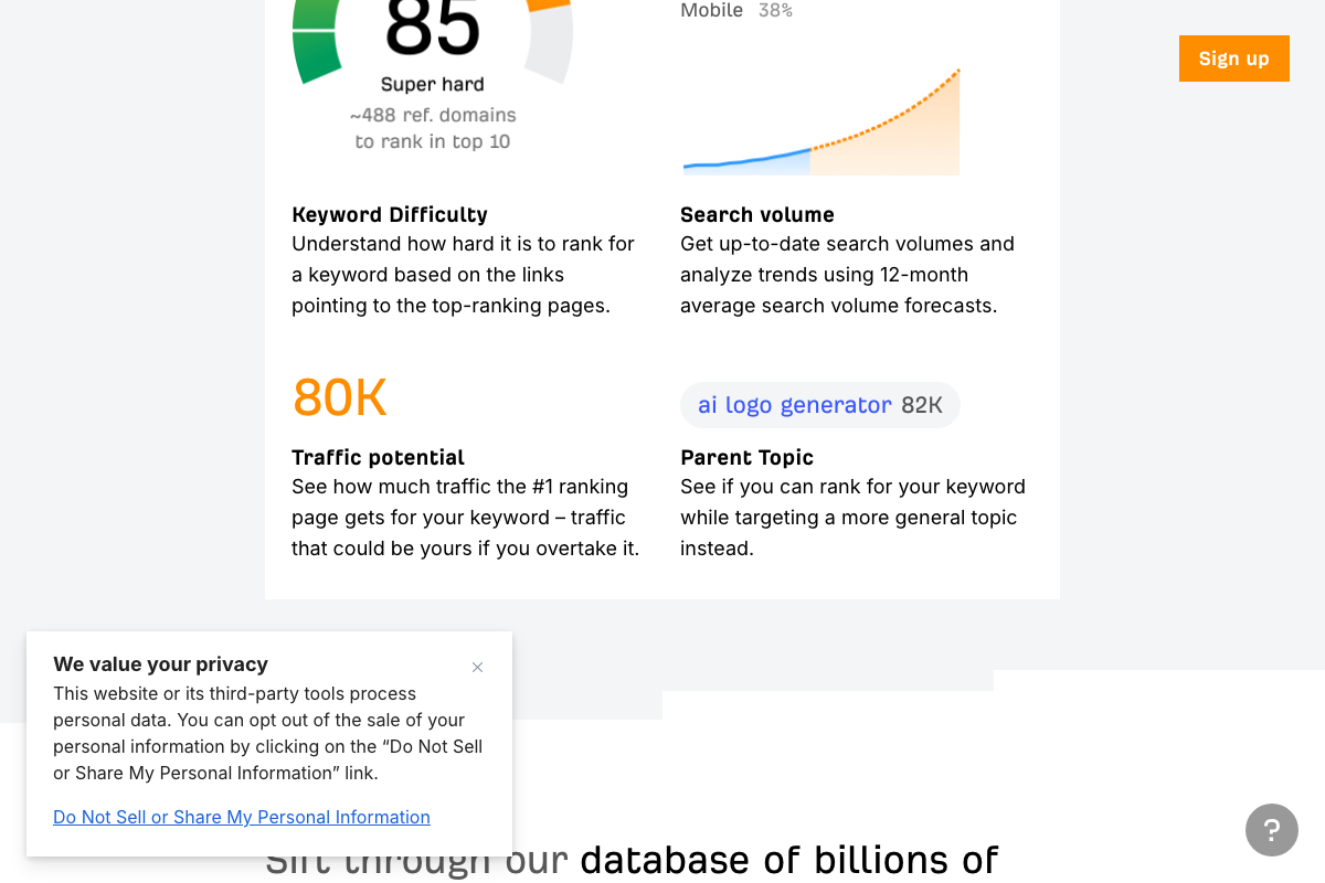 Keywords Explorer KD metric showing score of 85 ('Super hard') with ~488 referring domains required to rank in top 10