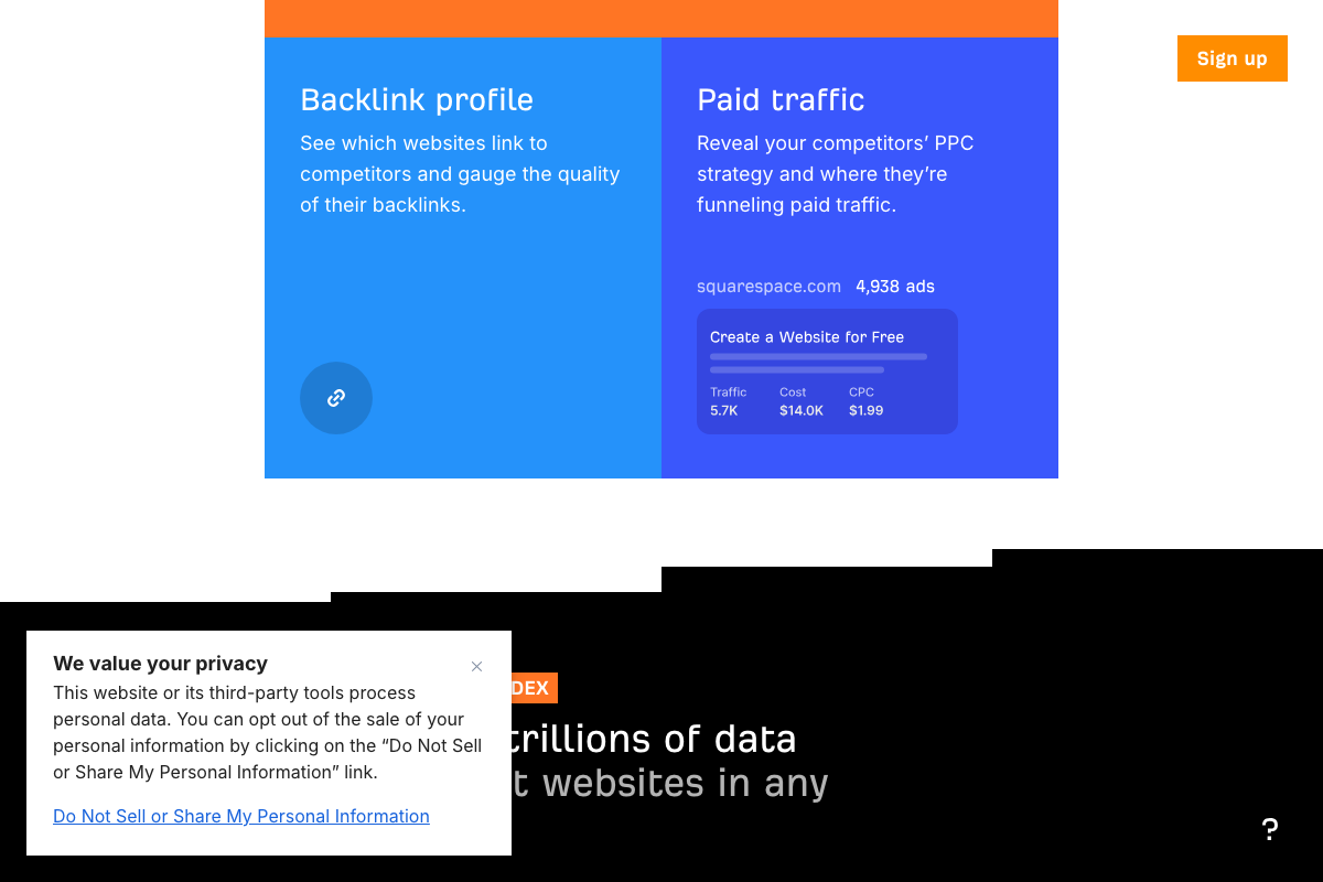 Site Explorer product page showing backlink profile and paid traffic as two of three major analysis areas — Domain Rating and Traffic Value are not labeled in the visible UI.