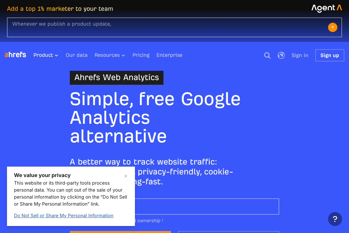 Ahrefs Web Analytics product landing page confirming it as a privacy-friendly, free Google Analytics alternative.