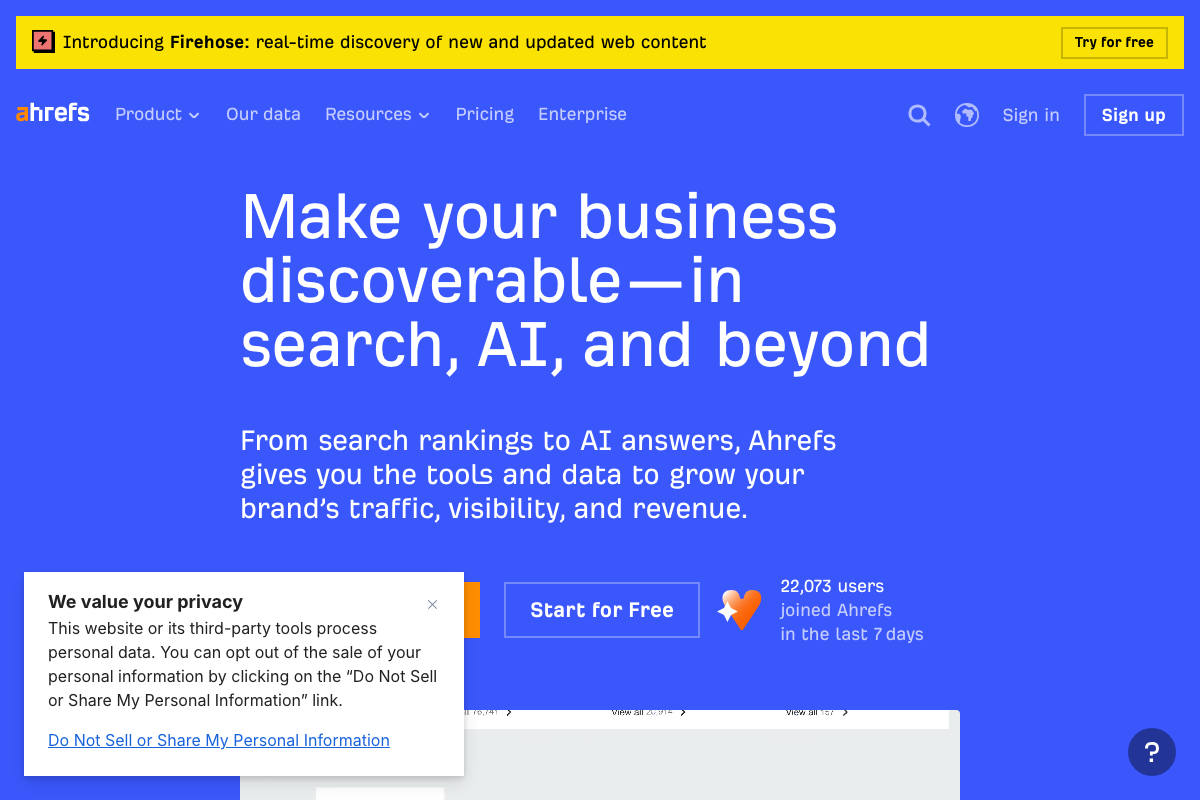 Ahrefs homepage as of May 2026 — organic search history requires Site Explorer > [domain] > Organic search, not shown here.” style=”max-width: 100%; height: auto; border-radius: 8px; box-shadow: 0 4px 20px rgba(0,0,0,0.15);” /><figcaption style=