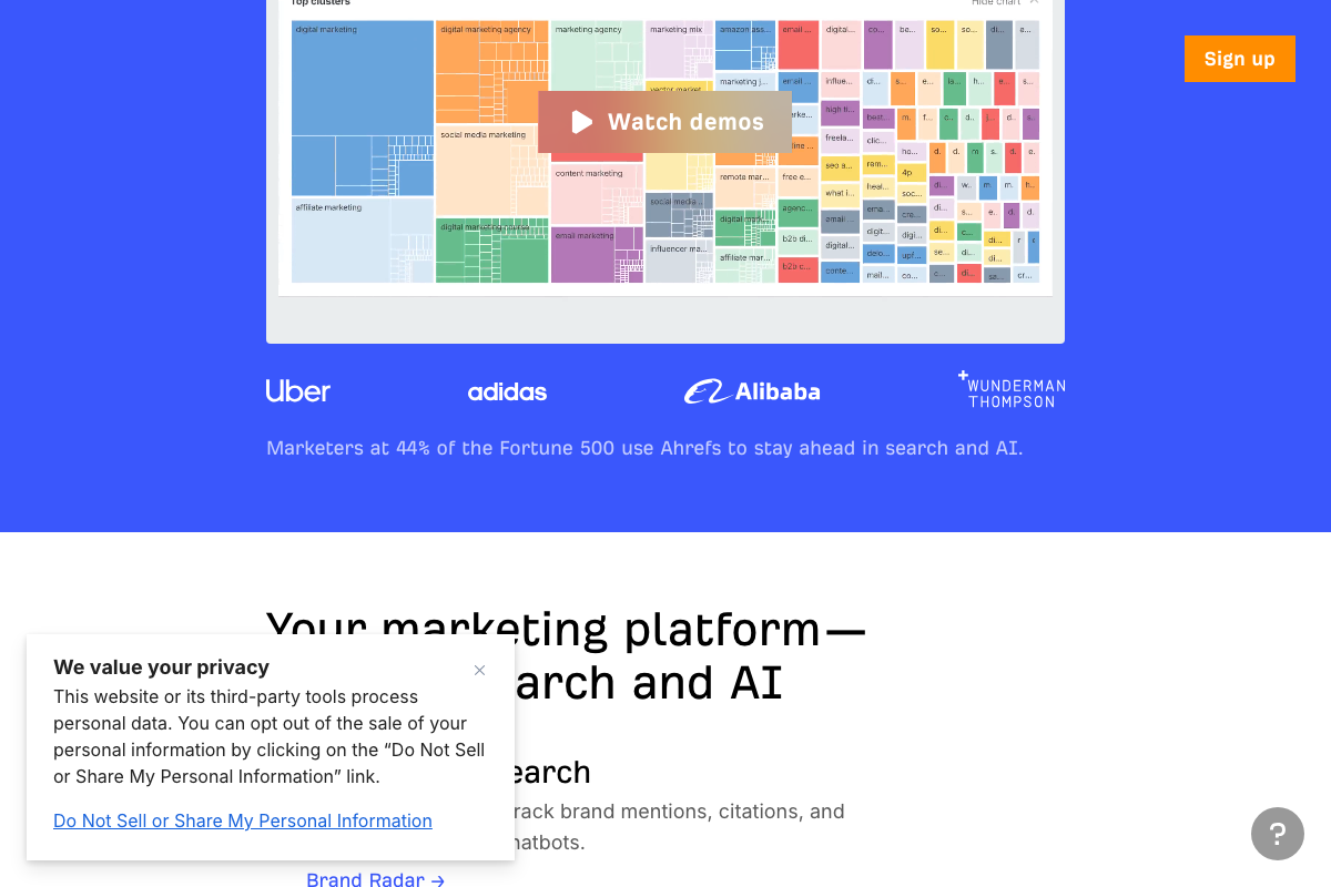 Ahrefs homepage mid-scroll confirming Brand Radar as a live product feature for AI citation monitoring