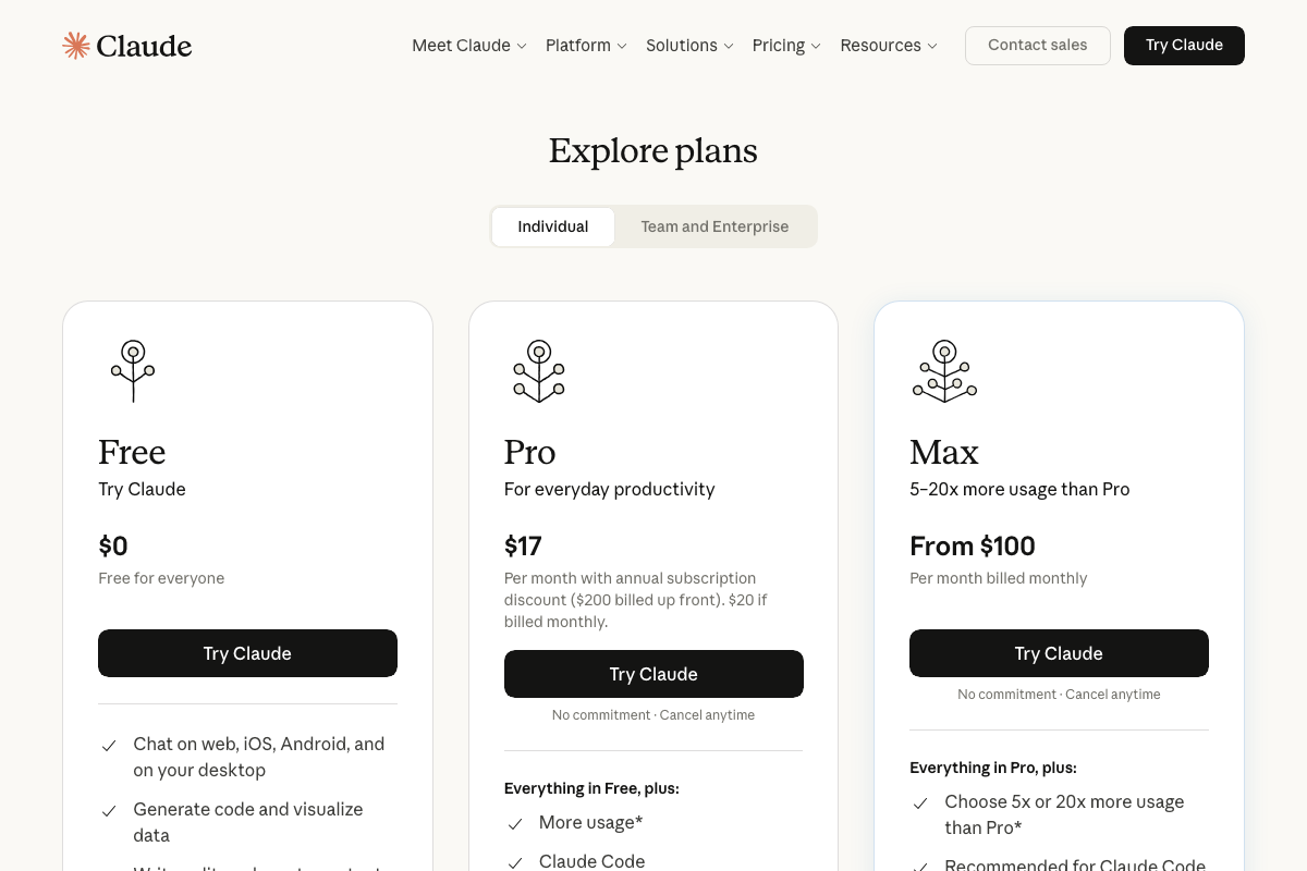 claude.ai pricing — Free, Pro ($17/mo), and Max (from $100/mo) plan tiers; plan requirements for Cowork access are not addressed in the tutorial.