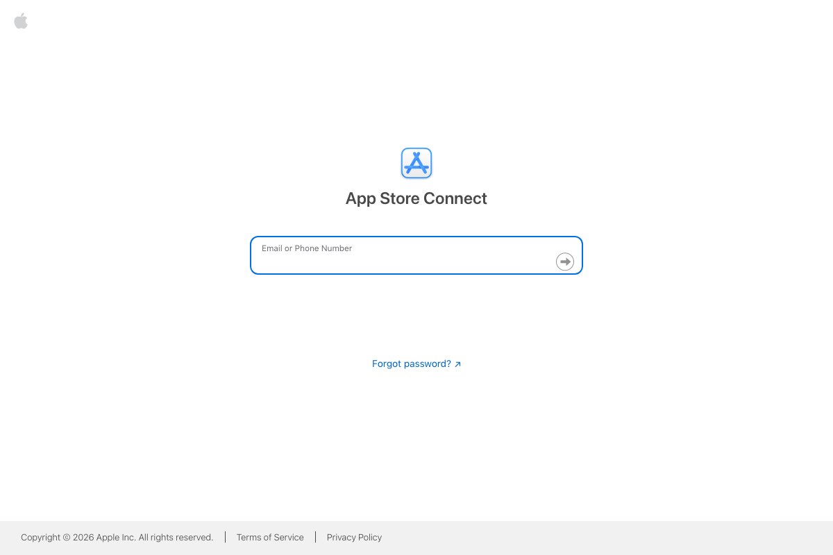 App Store Connect login at appstoreconnect.apple.com — Sales and Trends data requires authentication to access