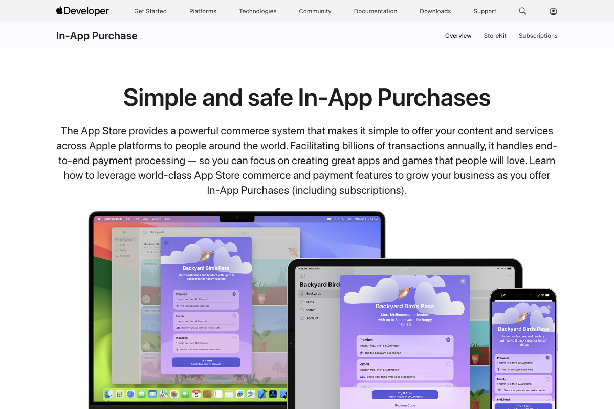 Apple In-App Purchase overview confirming consumable IAP support and full App Store payment processing