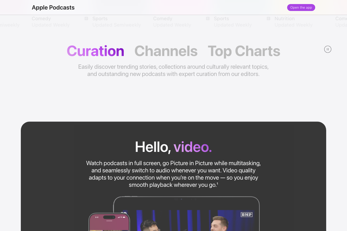 Apple Podcasts 'Hello, video.' section confirming full-screen video podcast playback with Picture in Picture support