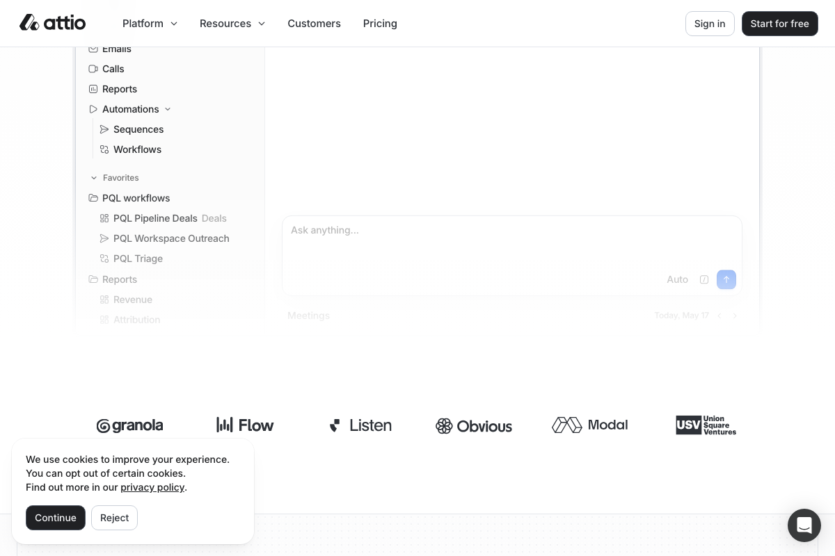 Attio in-app sidebar showing PQL pipeline workflows, Automations with Sequences, and Revenue/Attribution reporting.