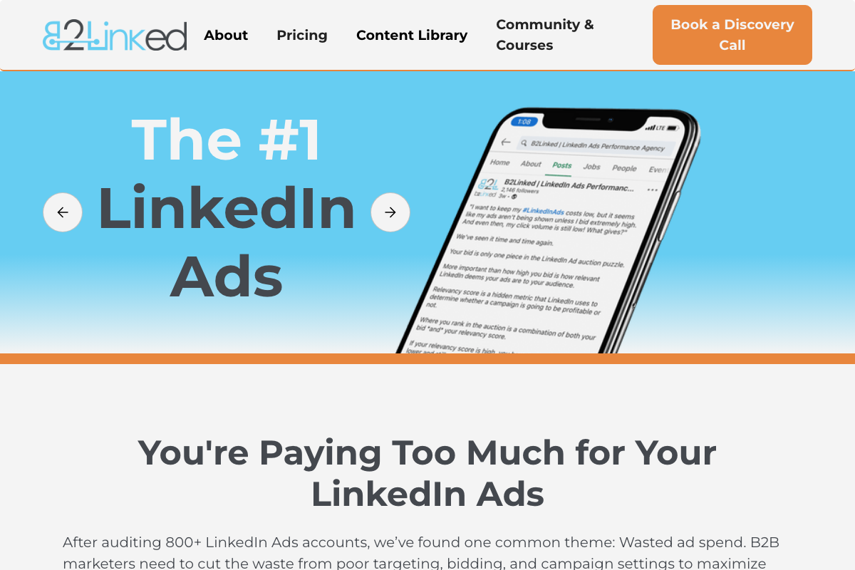 B2Linked homepage hero section with phone mockup referencing LinkedIn's paid ad relevancy score — May 2026