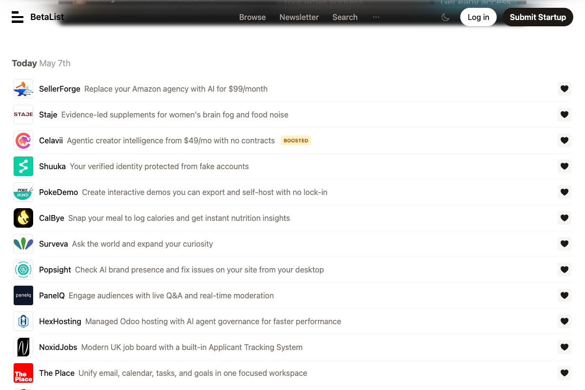 BetaList daily feed dated May 7th showing chronological listings, with one 'BOOSTED' paid-promotion badge visible on the Celavii entry
