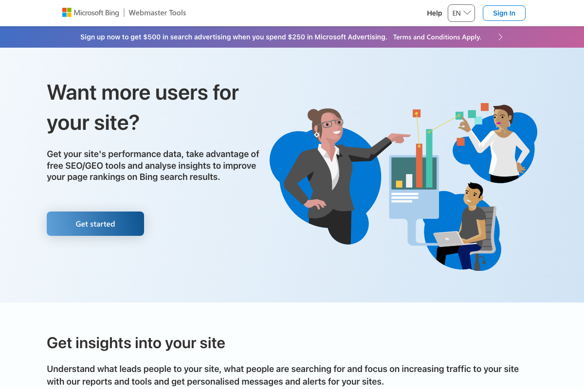 Bing Webmaster Tools about page — SEO/GEO platform positioning confirmed