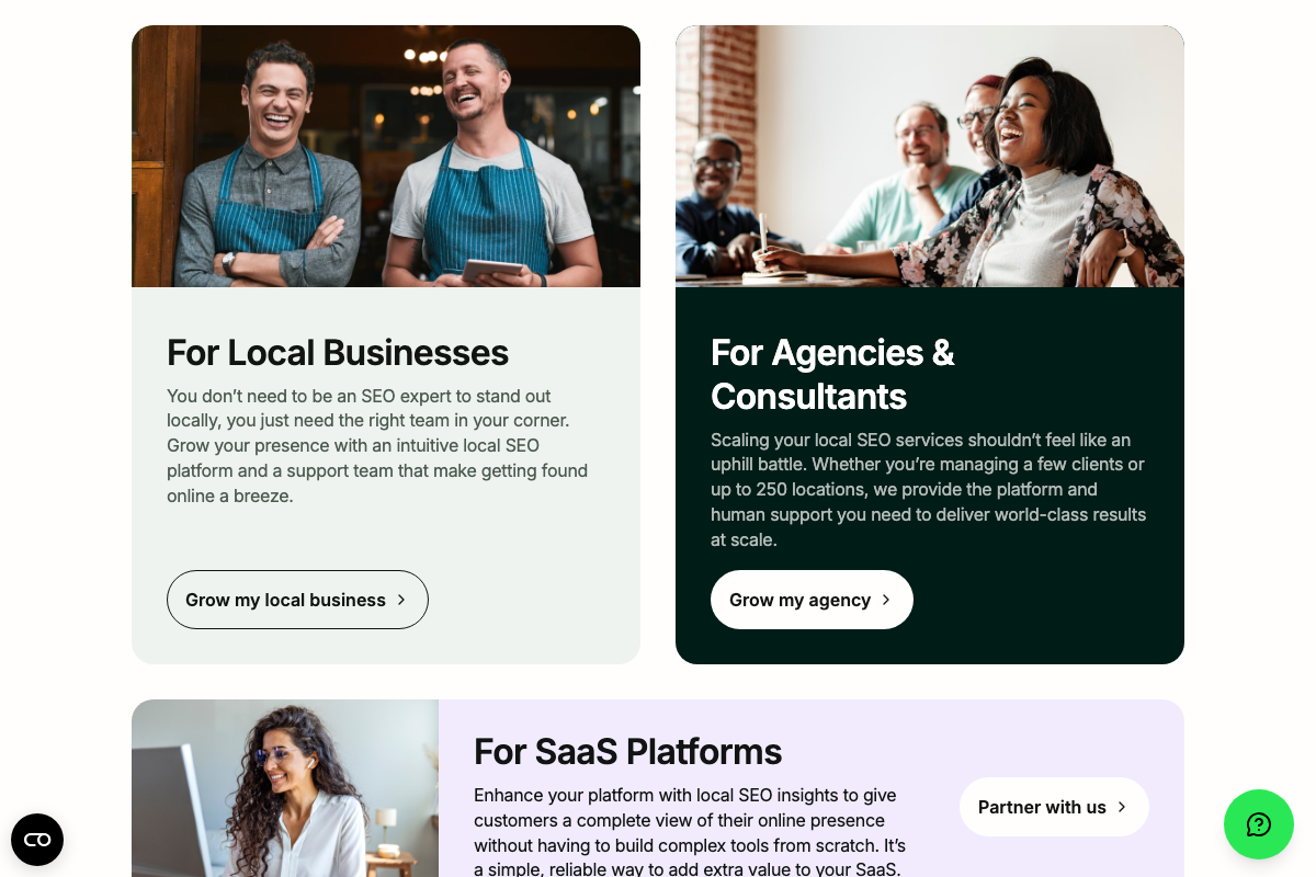 BrightLocal homepage use-case section showing 'For Local Businesses', 'For Agencies & Consultants' (managing up to 250 locations), and 'For SaaS Platforms' product tiers