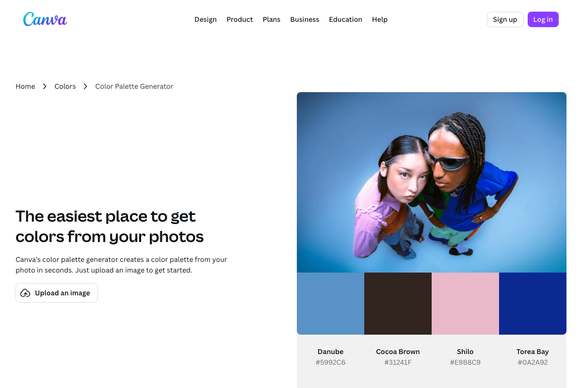 Canva's Color Palette Generator — a deployed linkable micro-tool on the main domain delivering named hex codes from a single image upload
