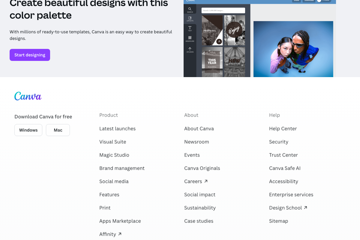 Canva Color Palette Generator footer showing the 'Start designing' brand CTA and full product navigation suite