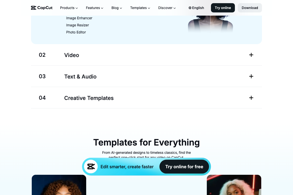 CapCut AI Editing Tools listing Image, Video, Text & Audio, and Creative Templates categories, with 'Templates for Everything' section below.