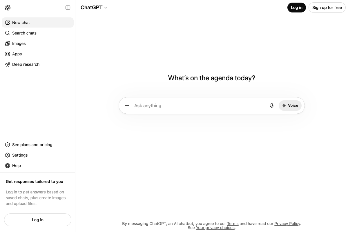 ChatGPT homepage (chatgpt.com) — logged-out view; file upload requires an authenticated account per sidebar text
