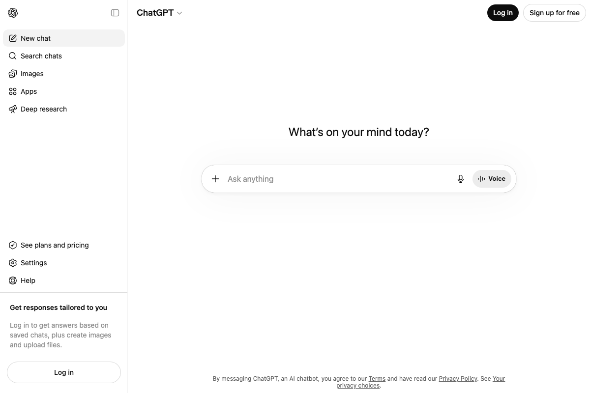 ChatGPT homepage showing the unauthenticated 'Ask anything' interface with Deep Research in the sidebar