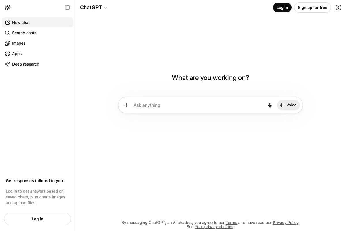 ChatGPT homepage interface confirming accessibility as an AI assistant for structured seed keyword prompting