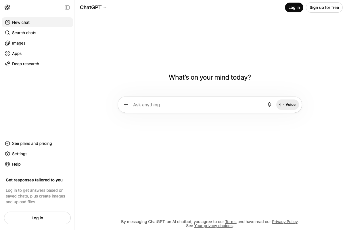 ChatGPT logged-out interface at chatgpt.com confirming free-tier access without an account.