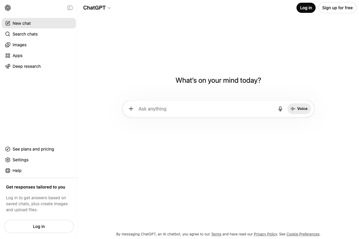 ChatGPT homepage (logged-out view) — 'Deep research' feature visible in sidebar; no citation or source data shown