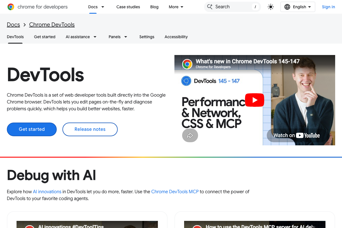 Chrome DevTools official documentation homepage confirming DevTools is browser-native and includes a Panels section covering the Network panel