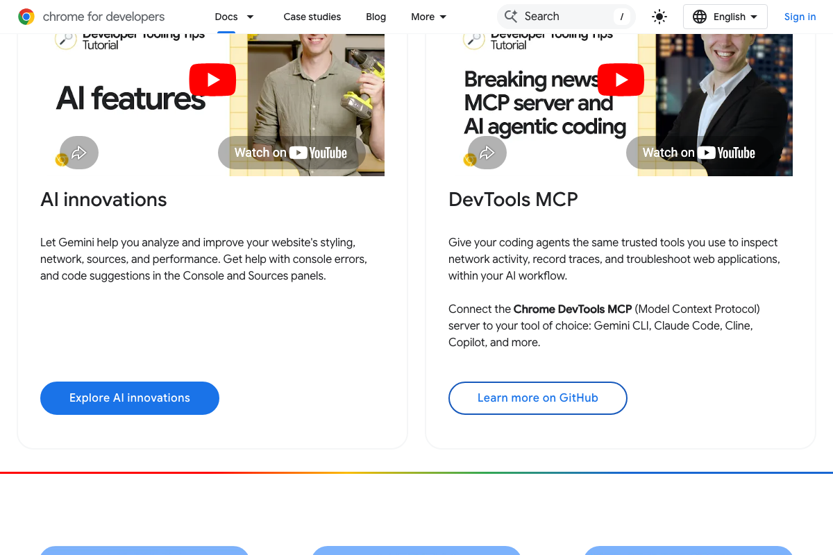 Chrome DevTools docs showing the AI innovations and DevTools MCP server integration sections — separate from the passive network inspection technique used here