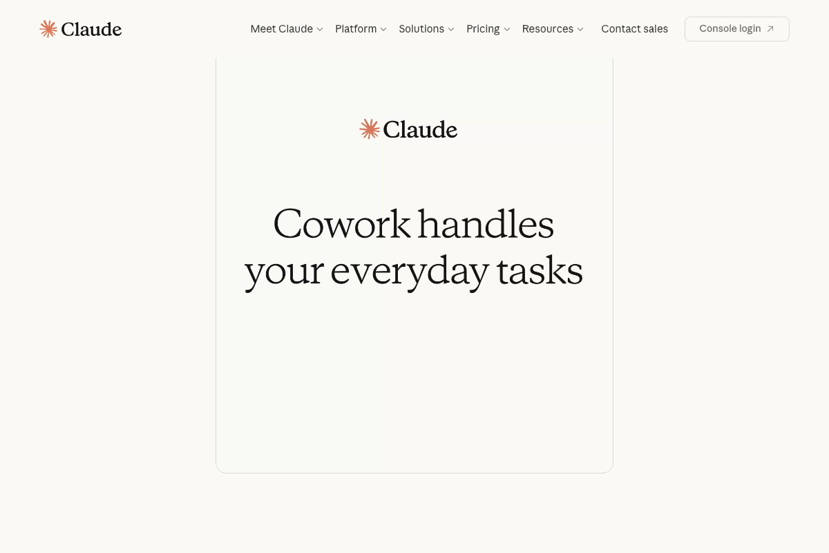 Claude product page — the standard chat interface used in the tutorial is distinct from the Cowork feature now visible in navigation