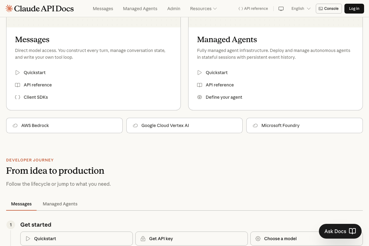Claude API Docs showing Managed Agents as fully managed infrastructure with stateful sessions and persistent event history