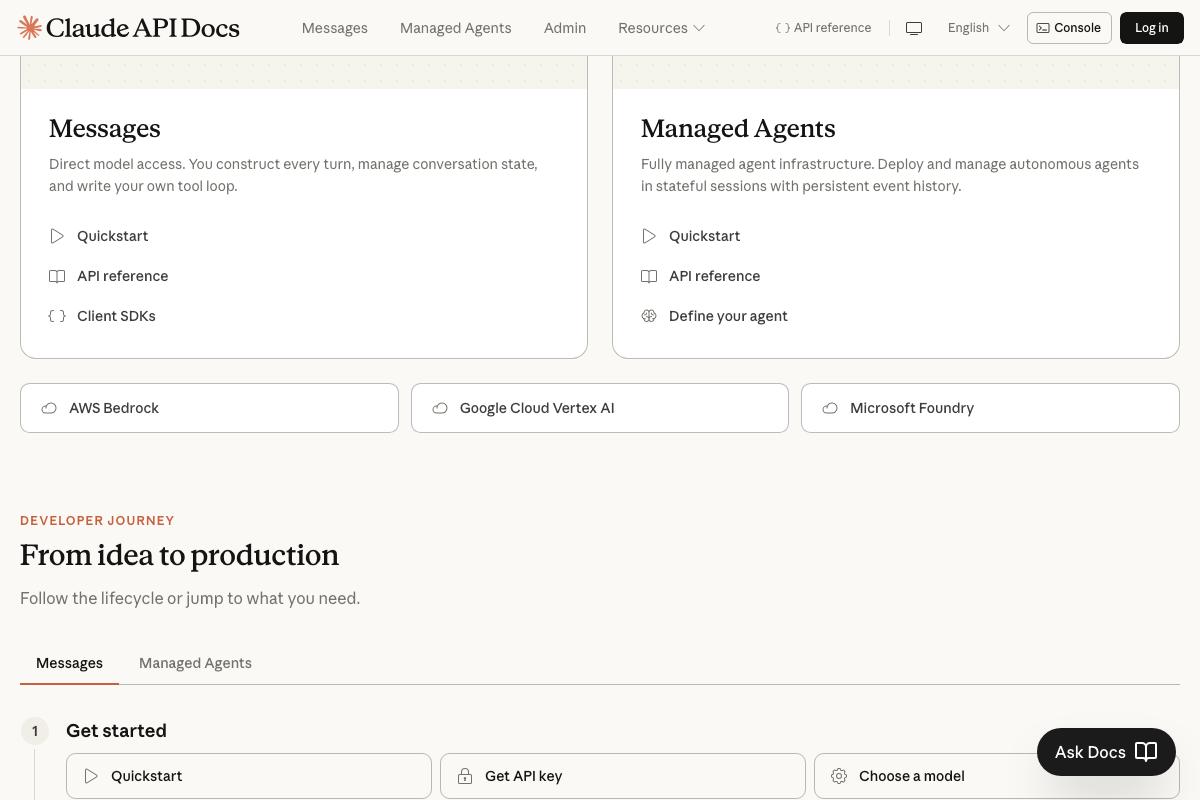 Claude API Docs showing Messages and Managed Agents surfaces alongside AWS Bedrock, Google Cloud Vertex AI, and Microsoft Foundry deployment options