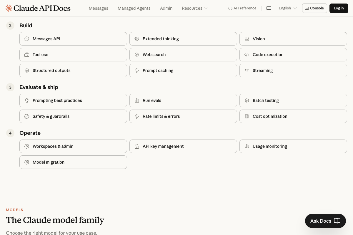 Claude API Docs showing Tool use, Structured outputs, Vision, Prompt caching, and Extended thinking as documented build capabilities