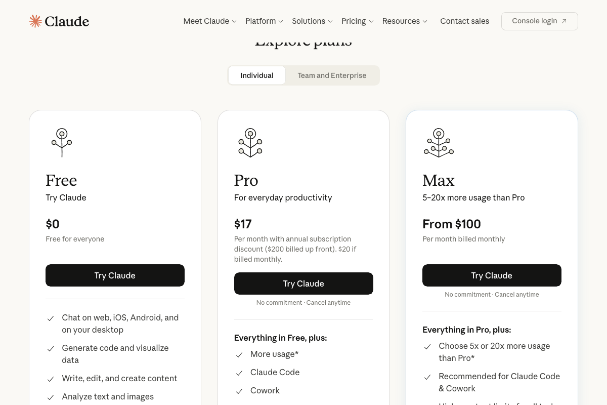 Claude pricing as of May 2026: Free ($0), Pro ($17/mo annual), Max (from $100/mo) — large combined keyword inputs may exceed Free-tier rate limits