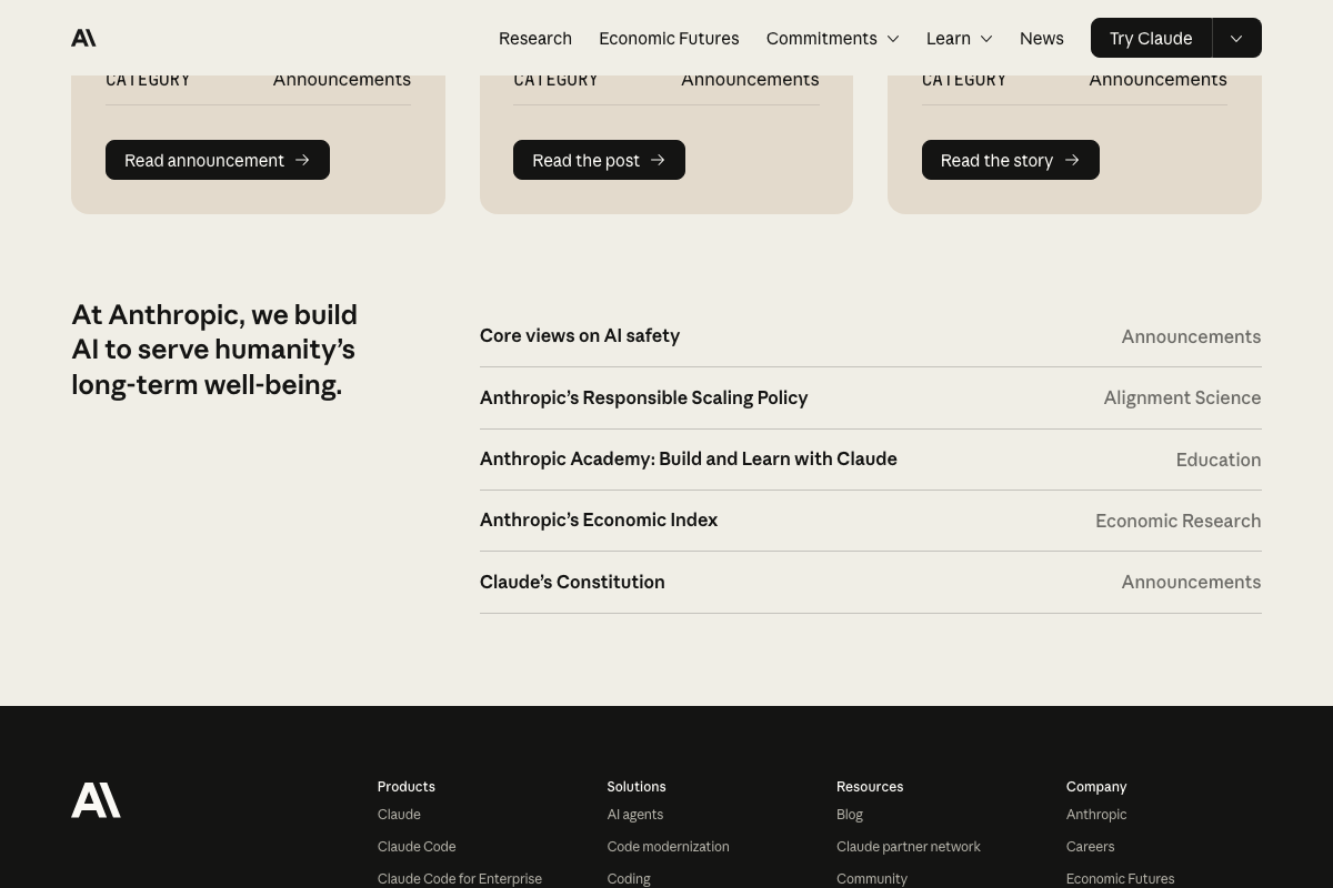Anthropic homepage footer listing Responsible Scaling Policy — addresses AI safety tiers, not SEO content generation limits
