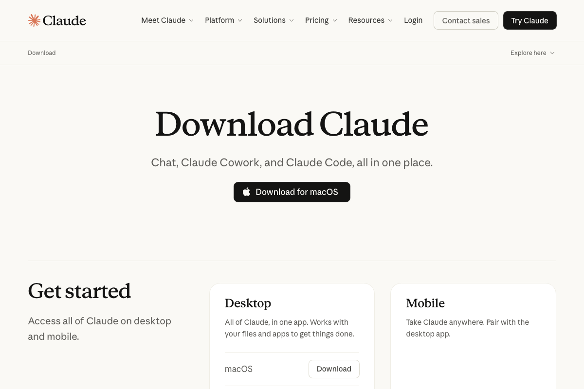claude.ai/download confirming the Desktop app bundles Chat, Claude Cowork, and Claude Code — macOS is the primary consumer download.