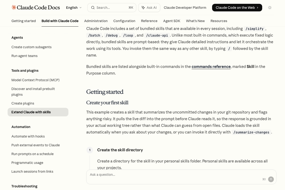 Skills docs showing bundled skills and the personal skills folder — skills installed once are available across all projects.