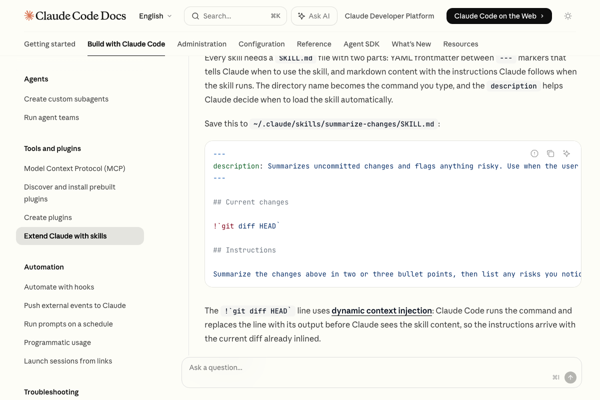 SKILL.md file structure: required YAML frontmatter and the ~/.claude/skills/ directory path.