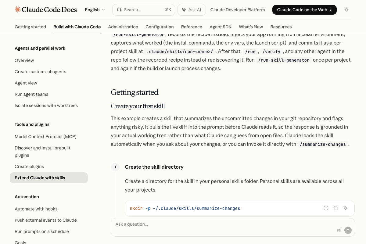 Claude Code Docs — ~/.claude/skills/ creates personal cross-project skills; .claude/skills/ is project-scoped only