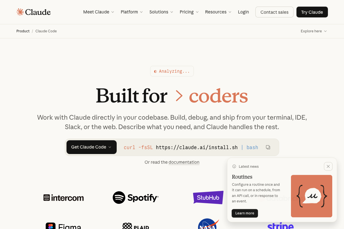Claude Code product page showing the install command and a 'Routines' feature announcement — the official mechanism for scheduled and event-driven automation.