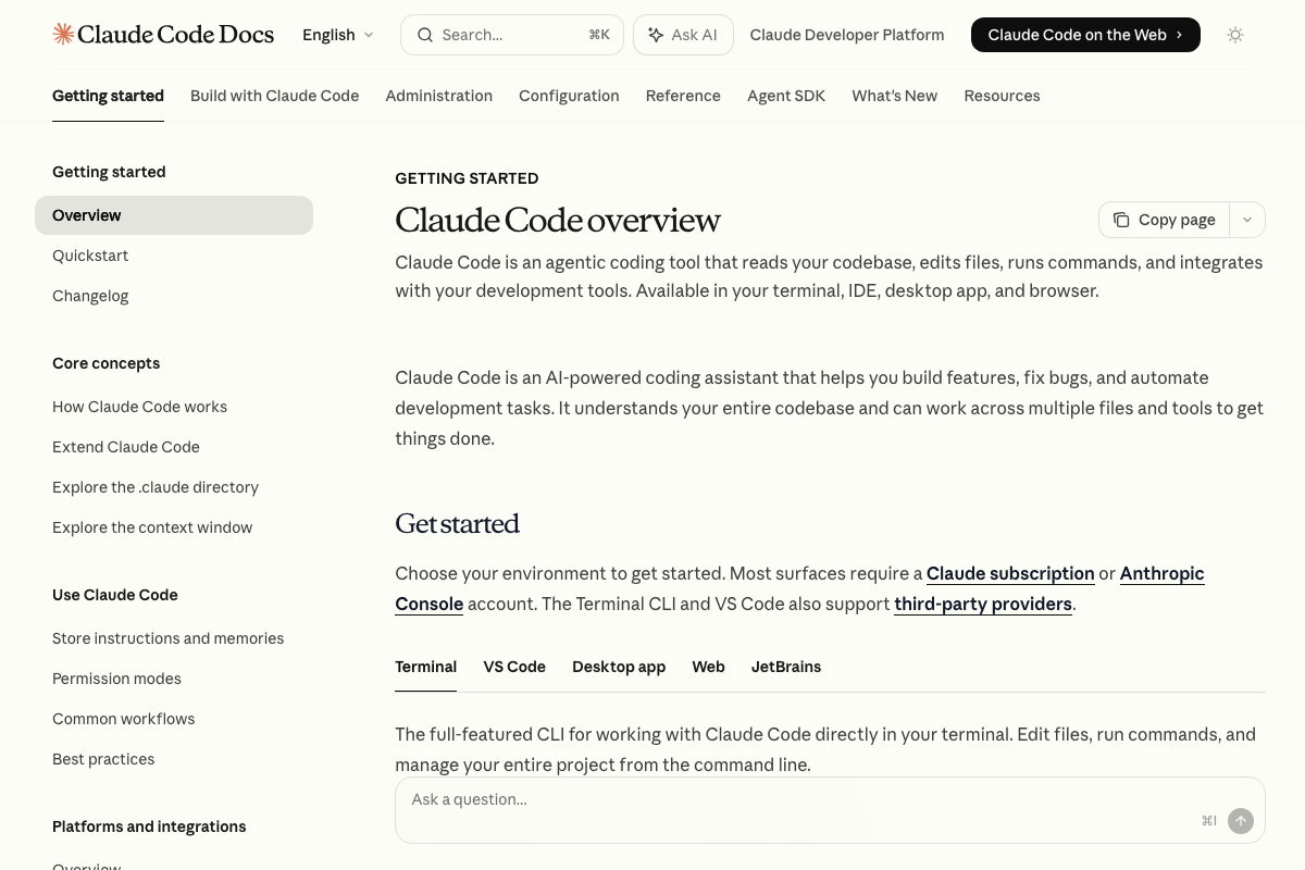 Claude Code overview documentation confirming Claude Code as an agentic coding tool across five surfaces