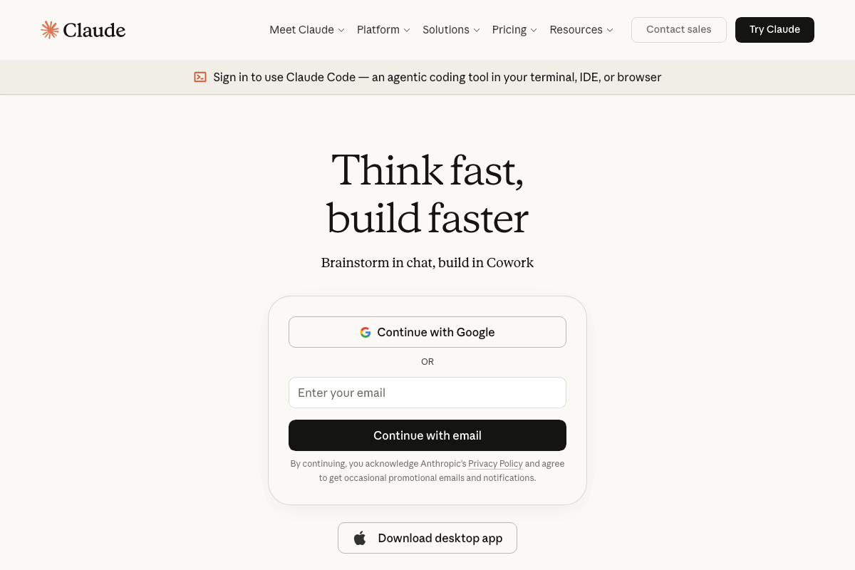 Claude.ai/code sign-in page describes Claude Code as 'an agentic coding tool in your terminal, IDE, or browser'