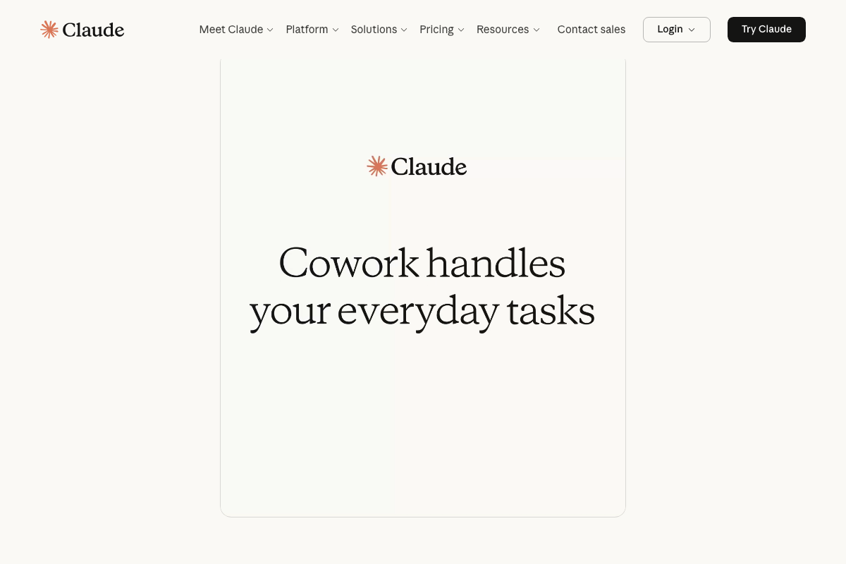 Claude.ai marketing page showing the 'Cowork' feature described as handling everyday tasks, distinct from the Claude Code agentic tool