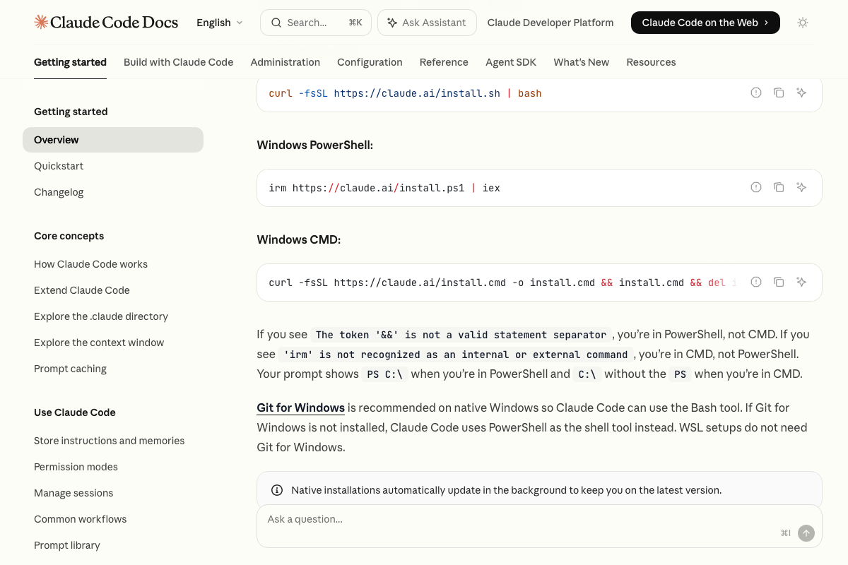 Claude Code official installation commands for Mac/Linux, Windows PowerShell, and Windows CMD, with a note that native installs auto-update in the background