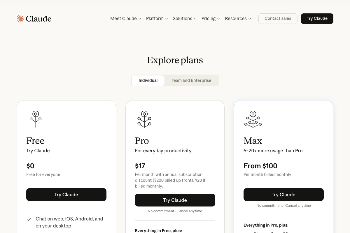 Claude.ai pricing page showing Free, Pro ($17/mo annual), and Max (from $100/mo) plan tiers — subscription context for running Claude Code autonomously for one hour.
