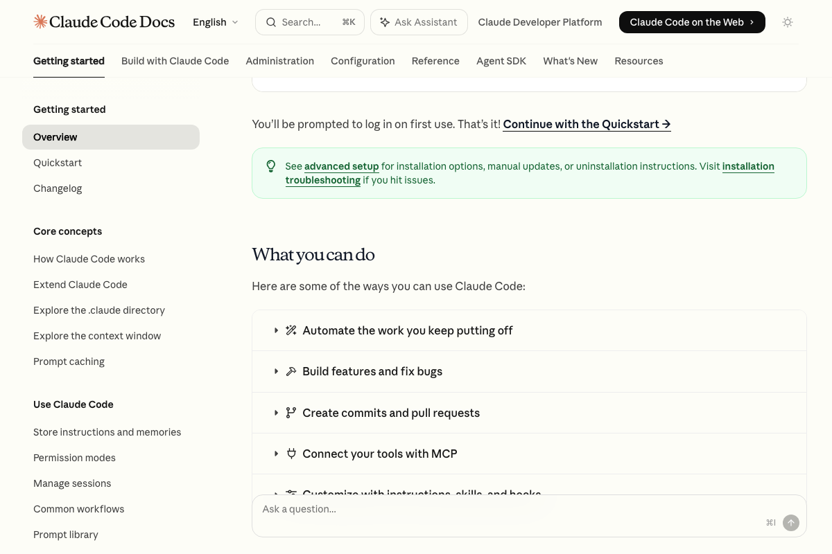 Claude Code 'What you can do' section listing core capabilities: automate tasks, build features, create commits, connect MCP tools, and customize with hooks