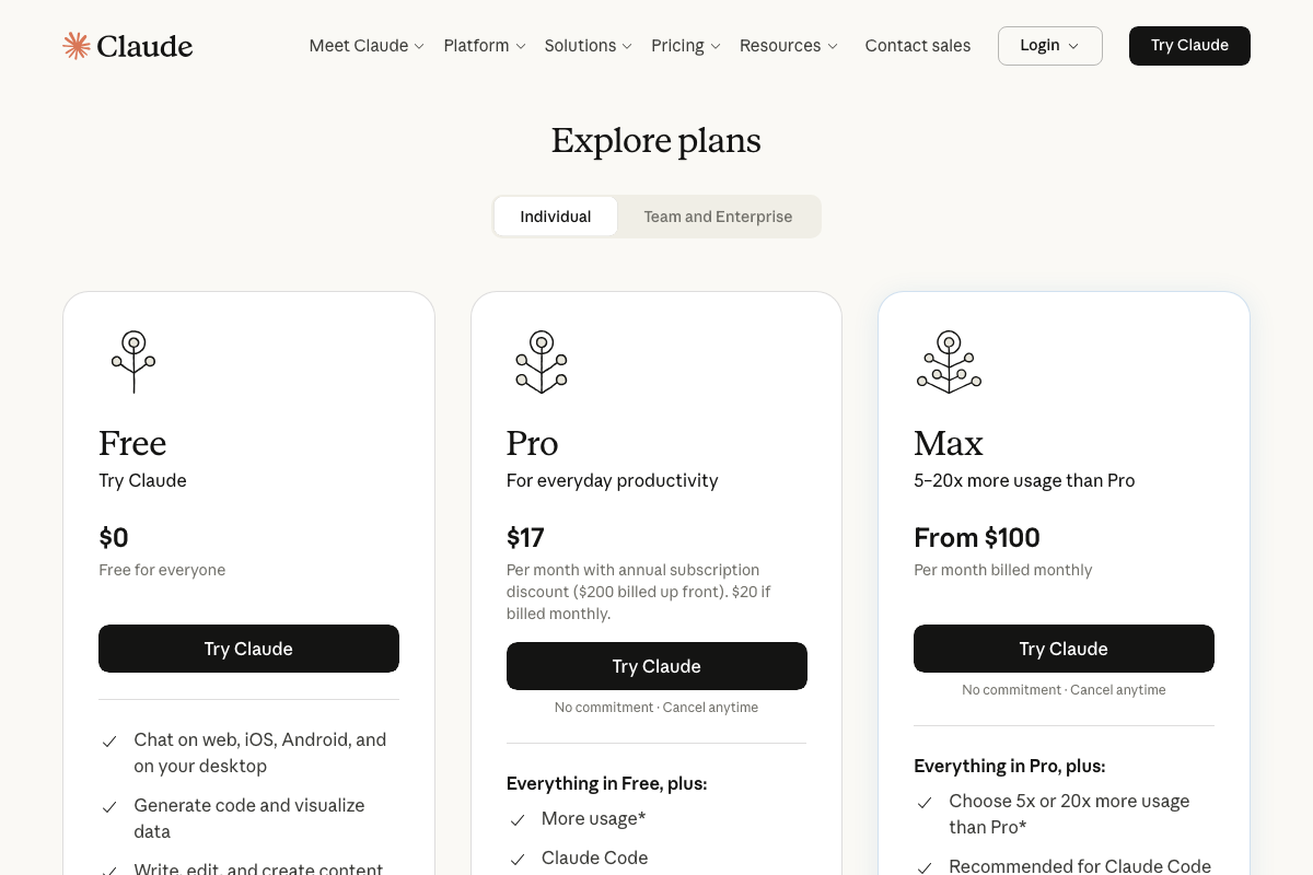 Claude pricing page showing Claude Code is a Pro-tier feature ($17–$20/month) and that the Max plan (from $100/month) is explicitly recommended for Claude Code