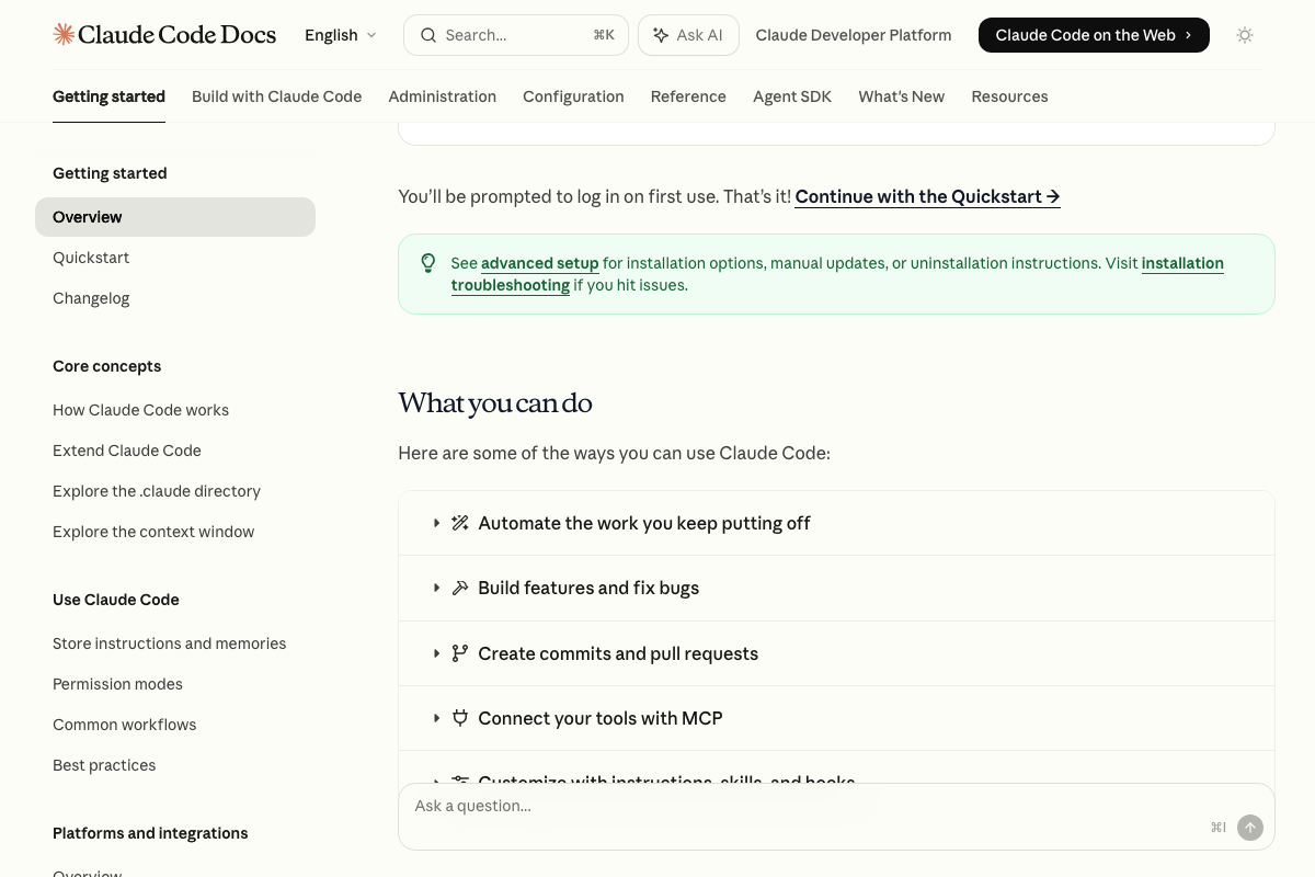 Claude Code 'What you can do' section listing five documented capability categories