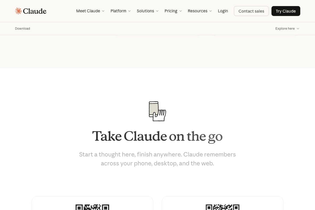 Download page mobile section noting cross-device sync — your desktop configuration carries across web and mobile.