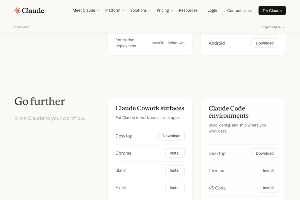 claude.ai/download — Cowork surfaces section showing Desktop, Chrome, Slack, and Excel; Windows appears under Enterprise deployment only.