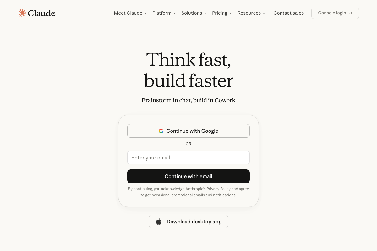 claude.ai sign-in page referencing Cowork alongside the standard chat interface.